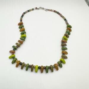 Green Yellow Beaded Necklace 15" long Beads Sterling Silver Clasp Choker